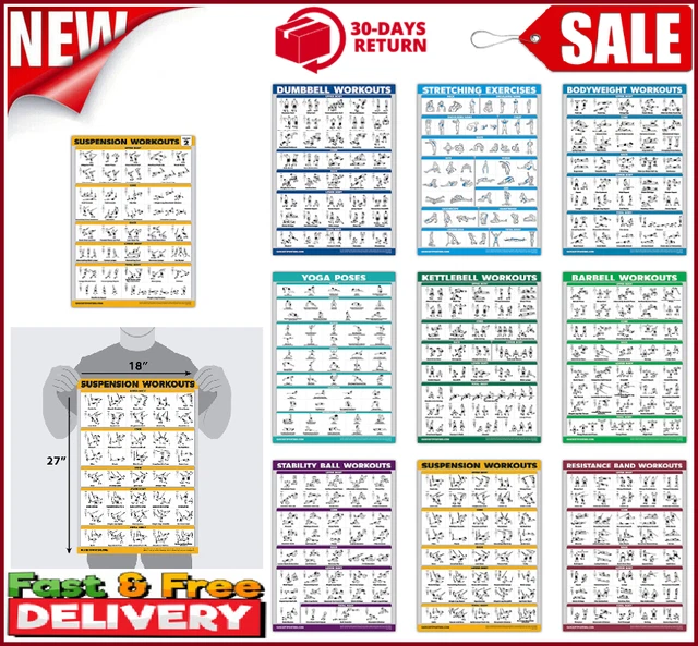 10 Pack Exercise Workout Poster Set - Dumbbell, Kettlebell, Resistance Bands...