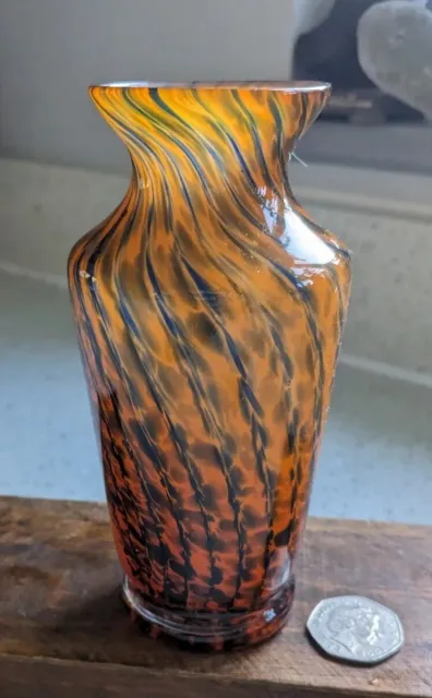 Vintage Cased Art Glass, Orange & Black Hand Blown Small Vase