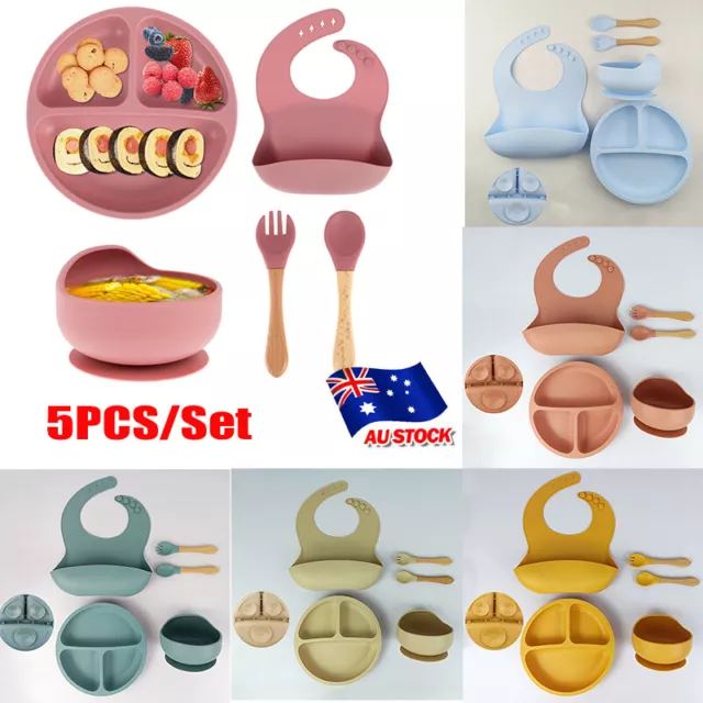 Silicone Baby Feeding Set 5 pcs Dishwasher Safe Suction Bib Bowl Plate Spoon