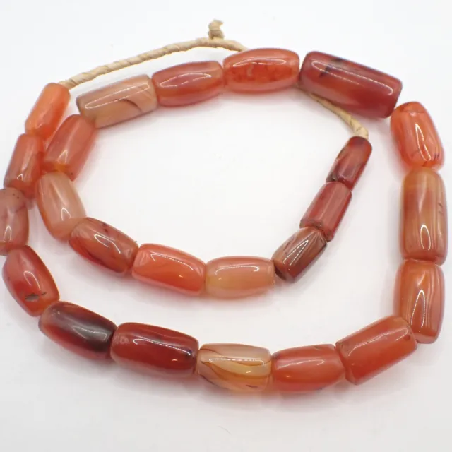 26" strand cylinder glossy AGATE CARNELIAN STONE necklace trade beads old Africa