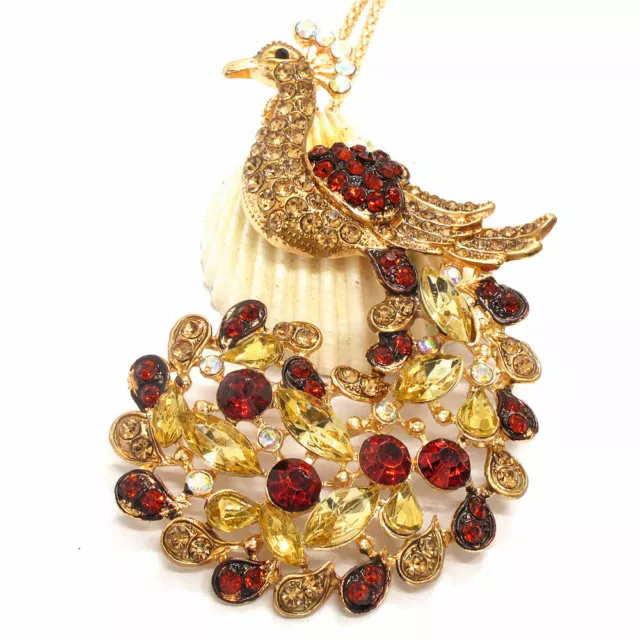 Hot Betsey Johnson Champagne Crystal Peacock Bling Animal Necklace Sweater Chain