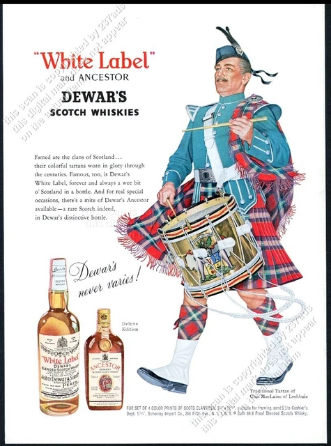 1960 Clan MacLaine tartan bagpipes piper Dewar's Scotch Whisky vintage print ad
