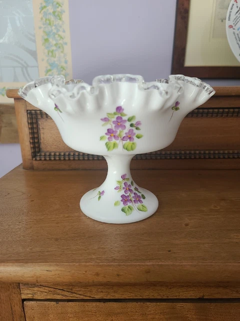 VTG Fenton Silver Crested Violets In The Snow Tall Compote