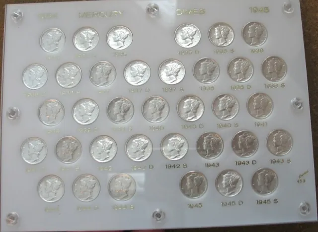 Set Of Mercury Silver Dimes 1934-1945 (35 Coins).. W/Micro 45-S ..Ch/Gem Bu