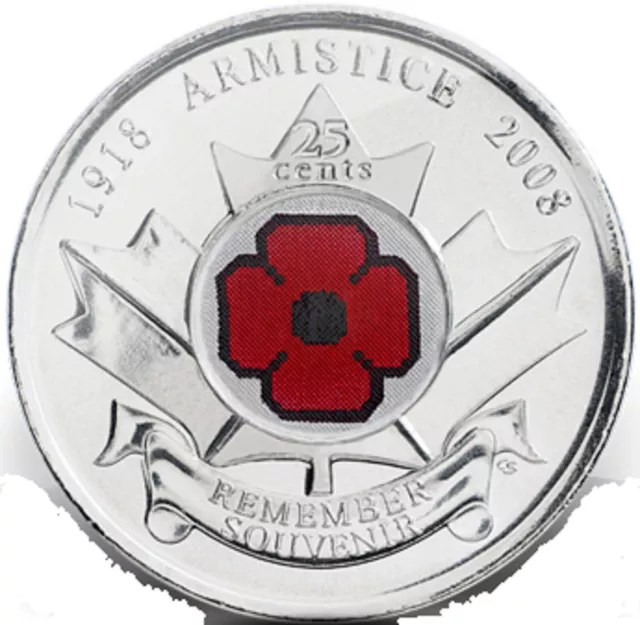 2008 Red Poppy 25 Cents Quarter Canada Coin Remembrance Day from Mint Roll UNC
