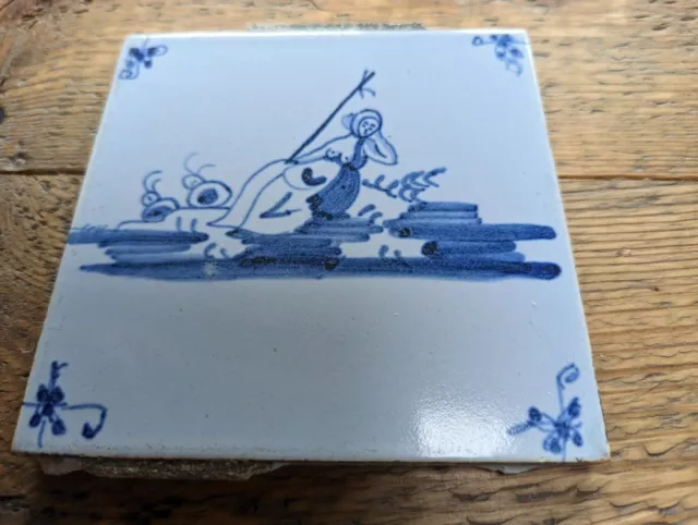 L19th C blue Delft tile, shepherdess calling sheep, antique exc cond 4 age