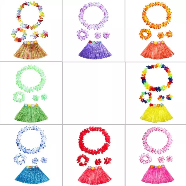 KIDS HAWAIIAN SET Grass Skirt Flower Lei Headband Bracelets Fancy Dress  $19.57 - PicClick AU