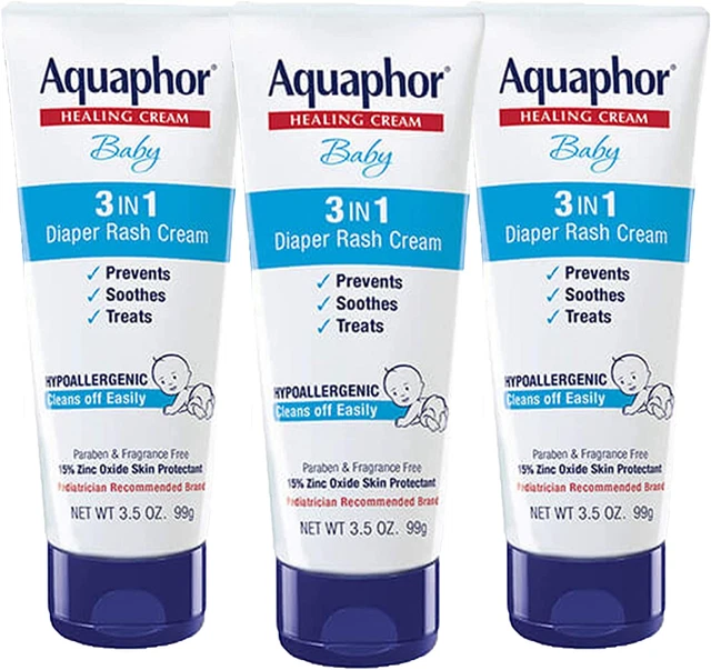 Aquaphor Baby Diaper Rash Cream, 3-In-1 Diaper Rash Relief, 3.5 Oz Tube, Pack of