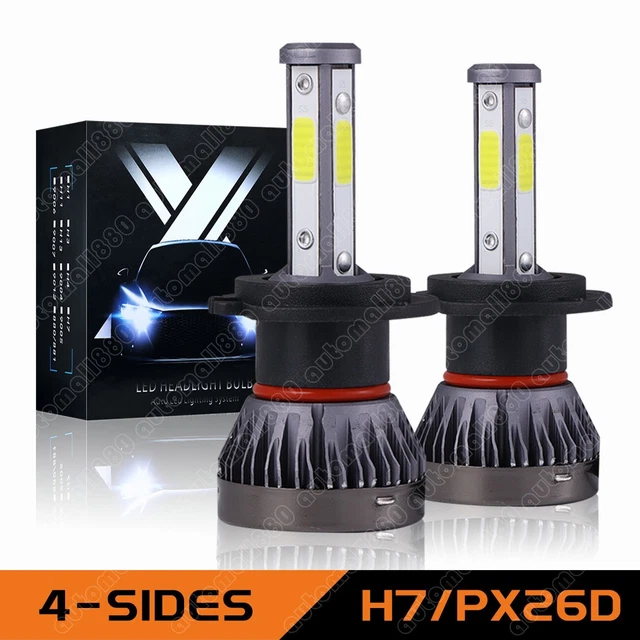 Fanless 4-Sides H7 PX26D LED Headlights Bulbs Kit Hi/Low Beam Super Bright White