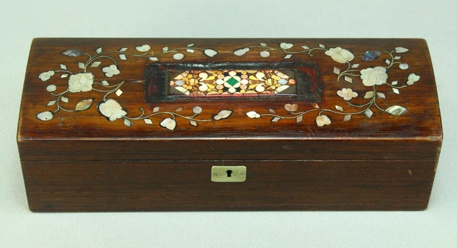 !ANTIQUE FINE ROSE Wood Box w. Mother-of-Pearl Inlay & PIETRA DURA ...