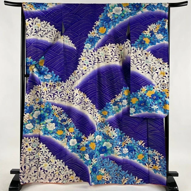 Woman Japanese Kimono Furisode Silk Flower Wave Gold Foil Embroidery BluePurple