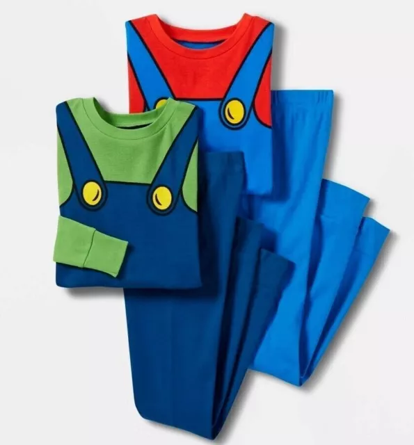 4 Piece Super Mario Pajamas Set Shirt Pants Boys Sz 10 L Luigi Bros Game Costume