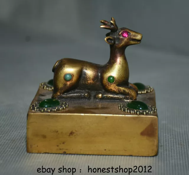 3 "Bronze Gold inlay Gem Dynasty Palace Deer Beast Seal Stamp Signet