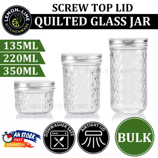 Quilted Air Tight Glass Storage Jars Mason Wide Bottle Food Spice 135/220/350ml