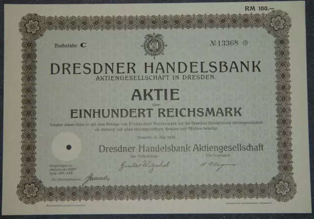 50 Stück Dresdner Handelsbank Aktiengesellschaft in Dresden 1930 100 RM