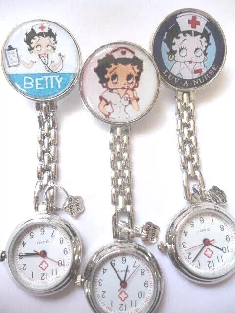 BETTY BOOP Nurse Watch Stainless Steel Fob Pocket Watch Clip On Brooch UK Seller