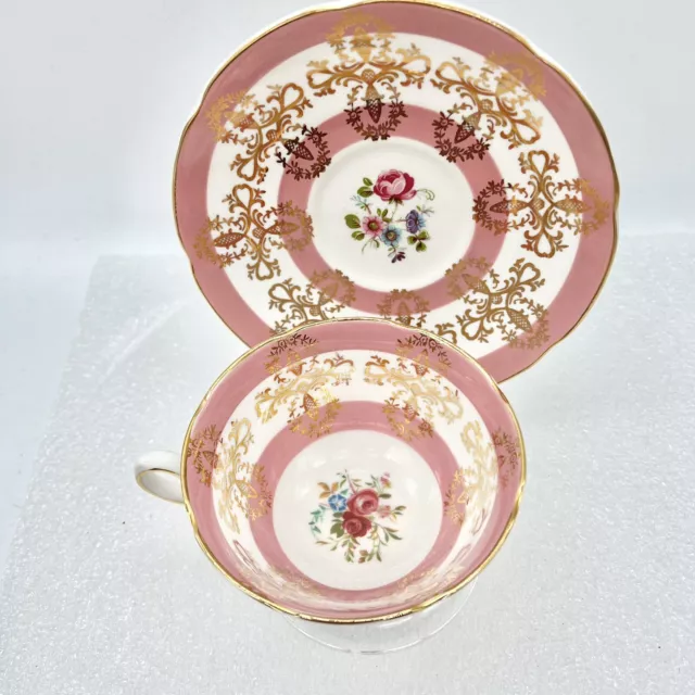 Royal Grafton Pink Floral Cabbage Rose Tea Cup & Saucer Gold Accents