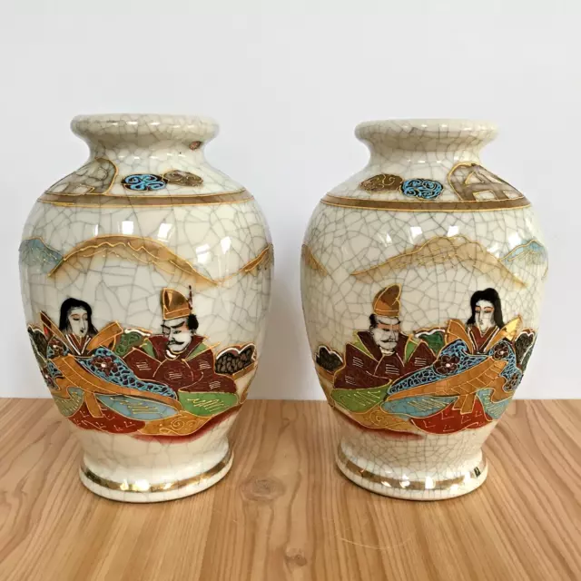 Japanese Crackle Glaze Vases x 2 Hand Painted Gilt Detail Vintage Oriental 20cm 2