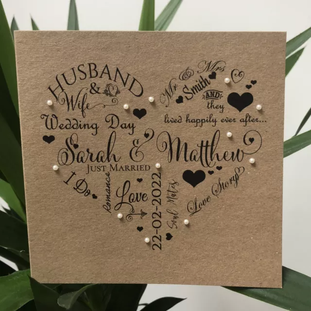 Handmade Personalised Wedding Day Card Kraft Heart Words FREE HEART CONFETTI 💖