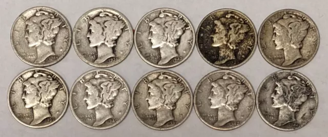 Mercury Silver Dimes Lot of 10 Mixed Date