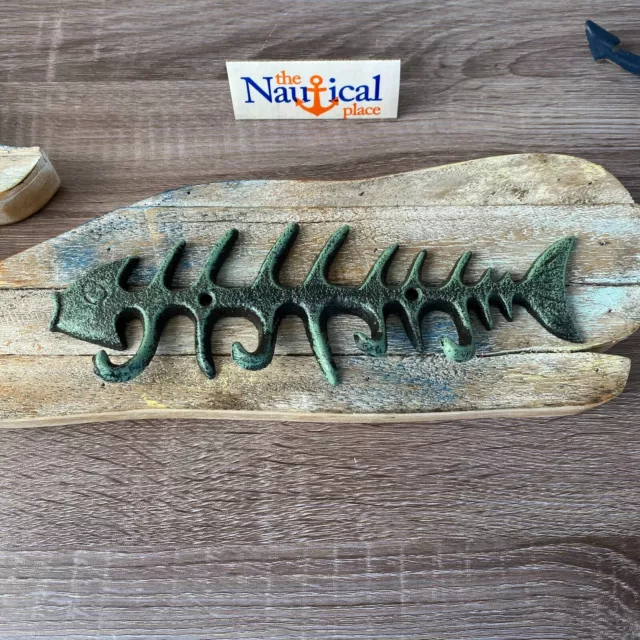 9.5" Cast Iron Fish Bones Wall Hook - Verdigris Green - Towel Hanger, Coat, Hat