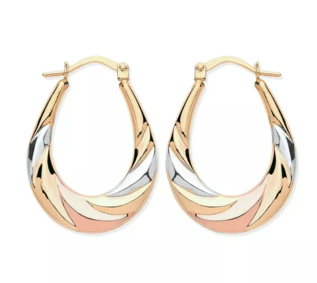 9ct Yellow Rose & White Gold Oval Patterned Creole Hoop Earrings