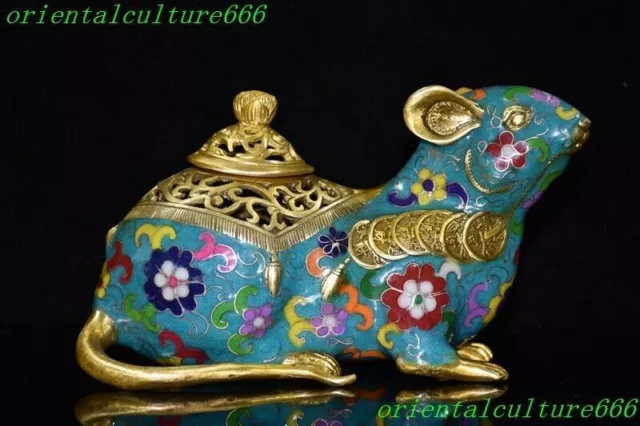 8"China bronze cloisonne Feng shui animal mouse rat Incense burner Censer statue