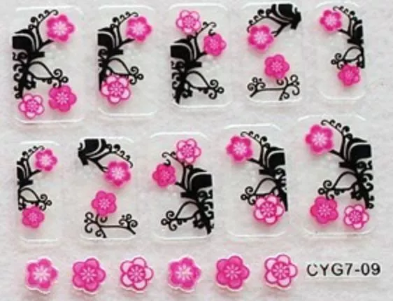 Nail art: 10 stickers bijoux d'ongles: Doubles fleurs roses -fond noir design