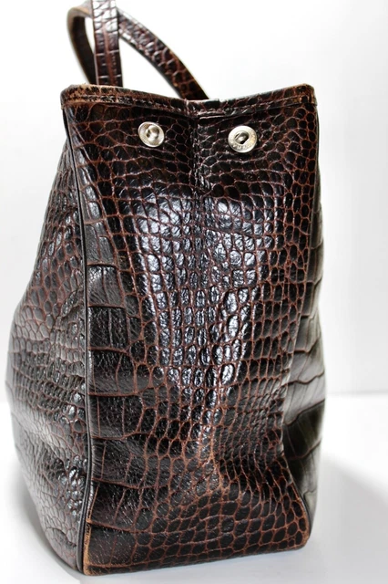 Vintage LONGCHAMP Croc Embossed Roseau Brown Leather Tote Bag France 3
