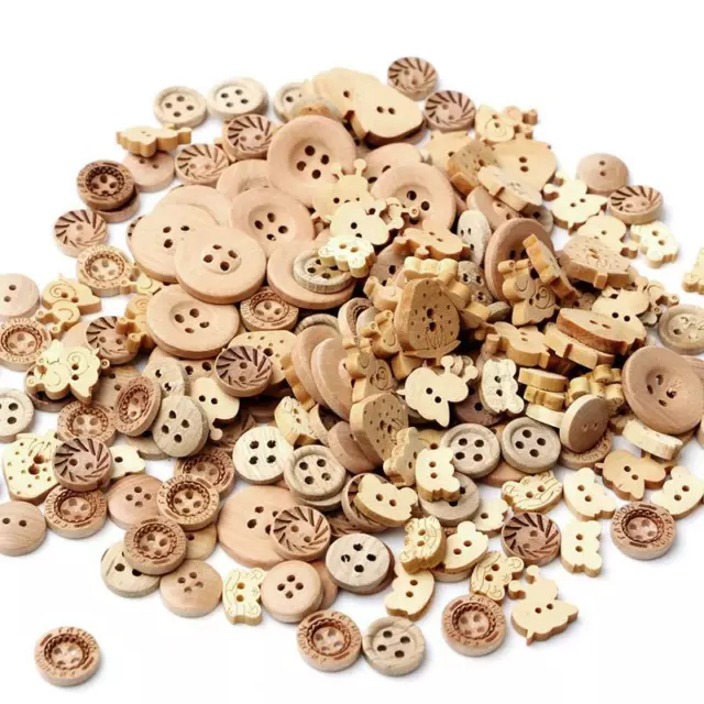 100pcs/lot Mix Shape 2 Holes Natural Color Wooden Pattern Wood Sewing Buttons