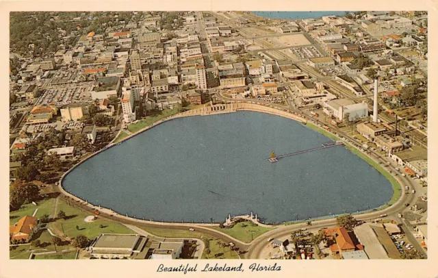 Lakeland FL Florida Downtown Lake Mirror Morton Wire Aerial View Vtg Postcard U8