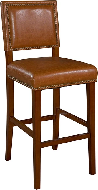 Benjara Wooden Counter Stool with Faux Leather Upholstery, Brown
