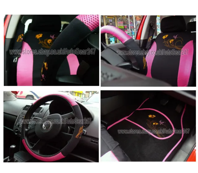 Pink Black Flower 13pc Car Seat & Steering Cover with 4Pc Mats + 2 Harness Pads