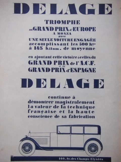 Publicité Presse 1927 Automobile Delage Triomphe Au Grand Prix D'europe À Monza