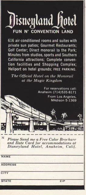 1967 Disneyland Hotel: Official Hotel On the Monorail Vintage Print Ad