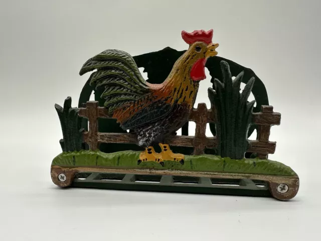 Vintage Cast Iron Rooster Napkin Holder Hand Painted