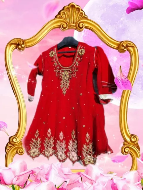 Nuovo abito da festa per ragazze indiane asiatiche pakistane taglia 24 ~ 2~3 anni vecchio 3 pz rosso