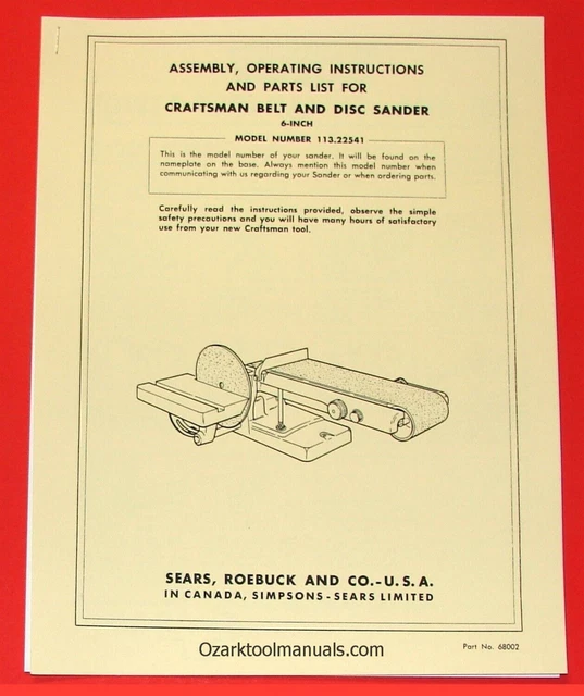 CRAFTSMAN 6& BELT & Disc Sander 113.22541 Instruction Owner's Parts