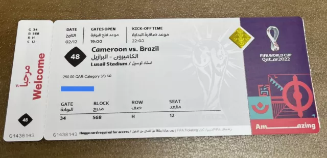 2022 FIFA World Cup Qatar Cameroon v Brazil Match #48 Ticket Stub Mint Condition