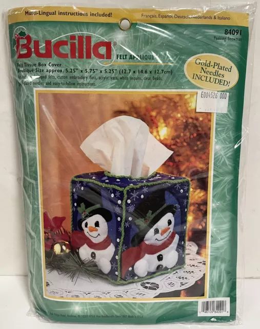 Vintage Bucilla Peeking Snowman Tissue Box Cover Felt Applique Kit SEALED 1999