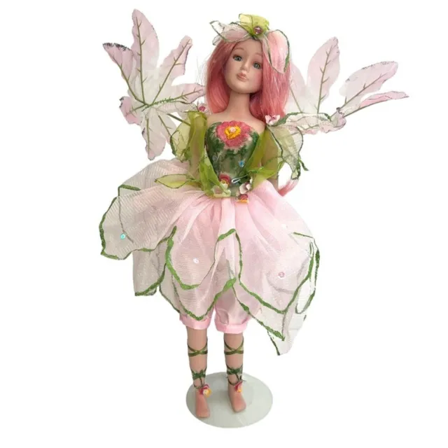 Beautiful Porcelain Fairy Doll Figurine Pink Green Collectible Wings with Stand