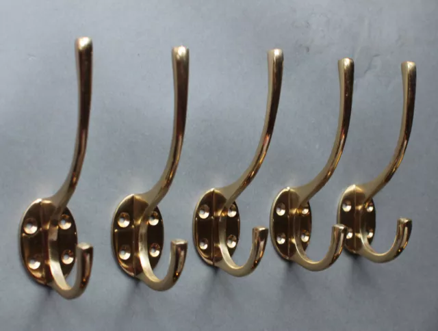 5 x SOLID BRASS SCHOOL HAT & COAT HOOKS VICTORIAN OLD ANTIQUE VINTAGE CH17(x5)