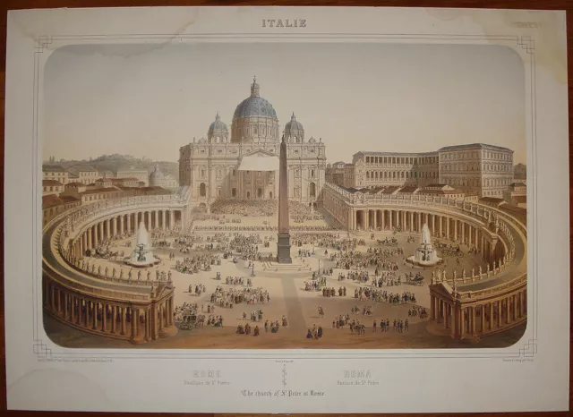 Stampa antica Piazza Basilica San Pietro Vaticano RARA deroy 1860 roma