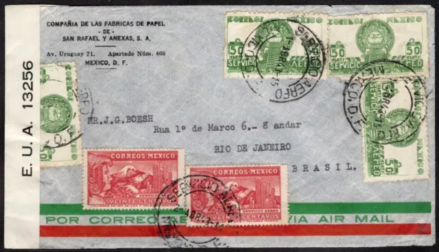 2071 Mexico To Brazil Censored Air Mail Cover 1943, Mexico Df - Rio De Janeiro