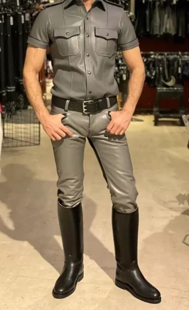 Men's Real Leather Police Uniform Biker Breeches Pant and Shirt Gay BLUF Uniform