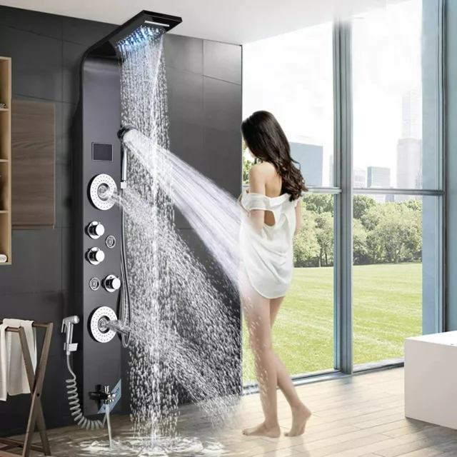 Bagno Nero Colonna Doccia Pannello Idromassaggio LED Doccino Cascata E Soffione