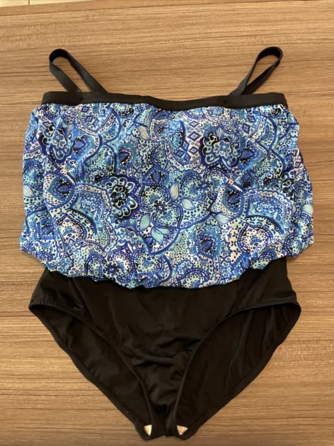 Rose Marie Reid Size 22W One Piece Black Bottom & Blue Print Bodice Swimsuit