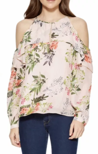 Parker Women’s Floral Print Silk Blend Long Sleeve Cold Shoulder Blouse Size M