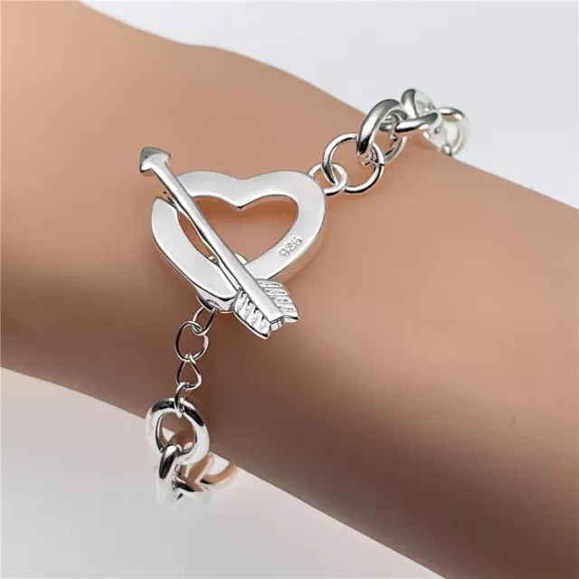 925 Sterling Silver Filled Heart Arrow Bracelet Bangle Women Men Charm Jewelry