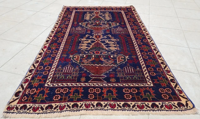 Distressed Hand Knotted Vintage Afghan Zakani Balouch Wool Area Rug 4.9 x 2.11